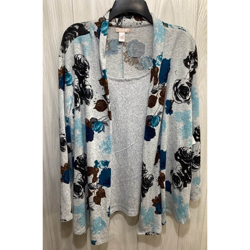 White Stag Gray Floral Open Cardigan with Blue and Brown Accents